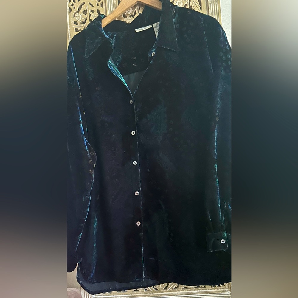 White Stag Velour Long Sleeve Boho Top Blue Green button down shirt colorful
